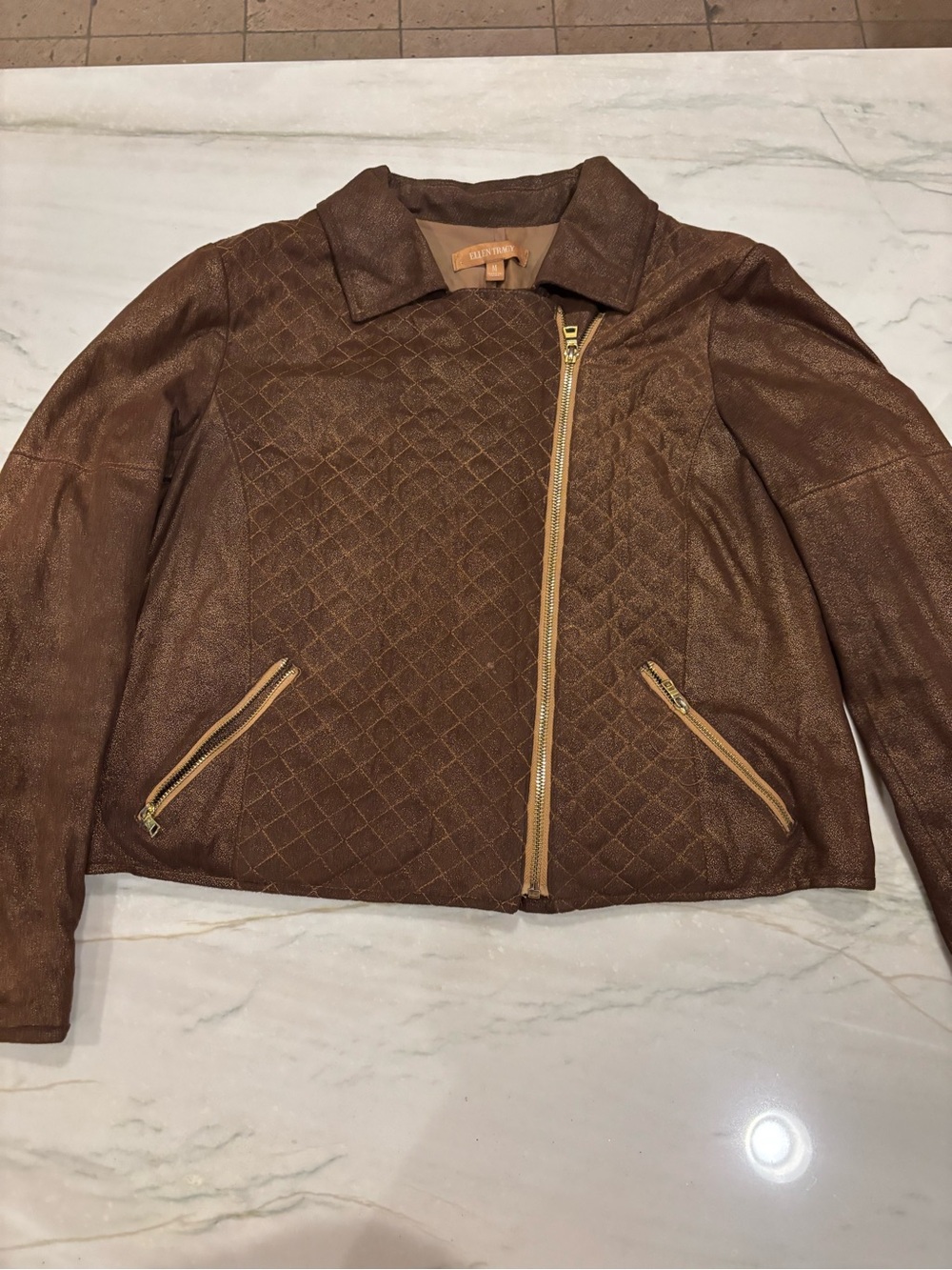 Ellen Tracy Quilted Brown Metallic Moto Zip Women's Jacket